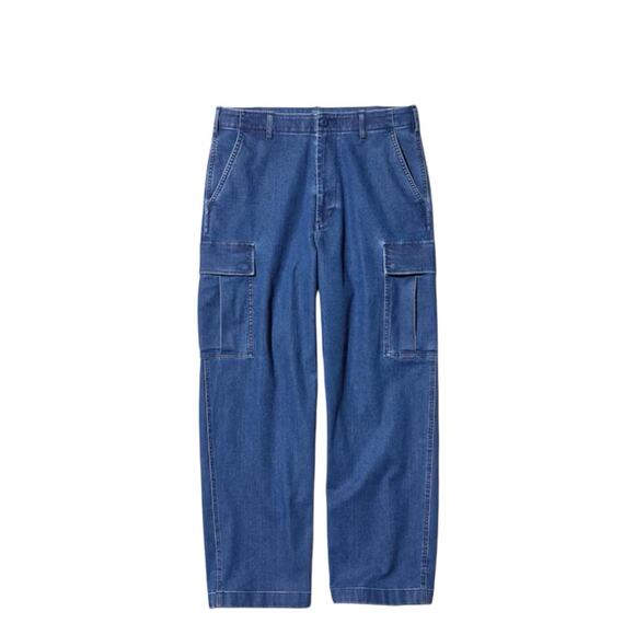 Uniqlo Other - Uniqlo Wide Fit Denim Cargo Pants Mens Size L Drawstring‎ Stretch Streetwear